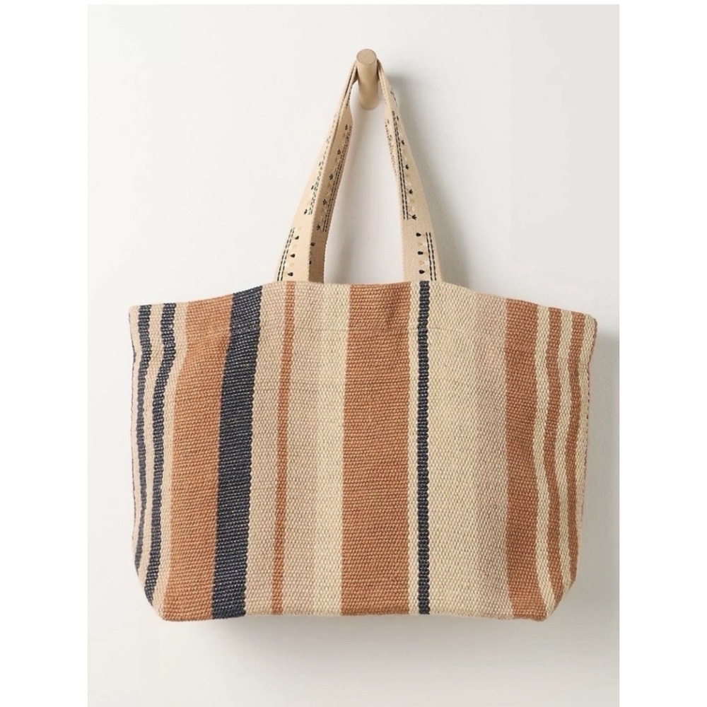 Free People Copacabana Striped Woven Tote Bag Natural Rust Navy NWT